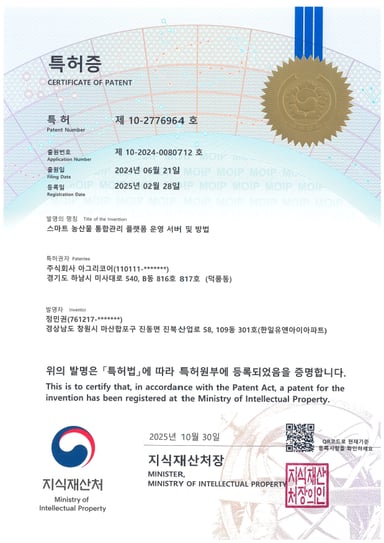 Smart agricultural product integrated management patent certificate